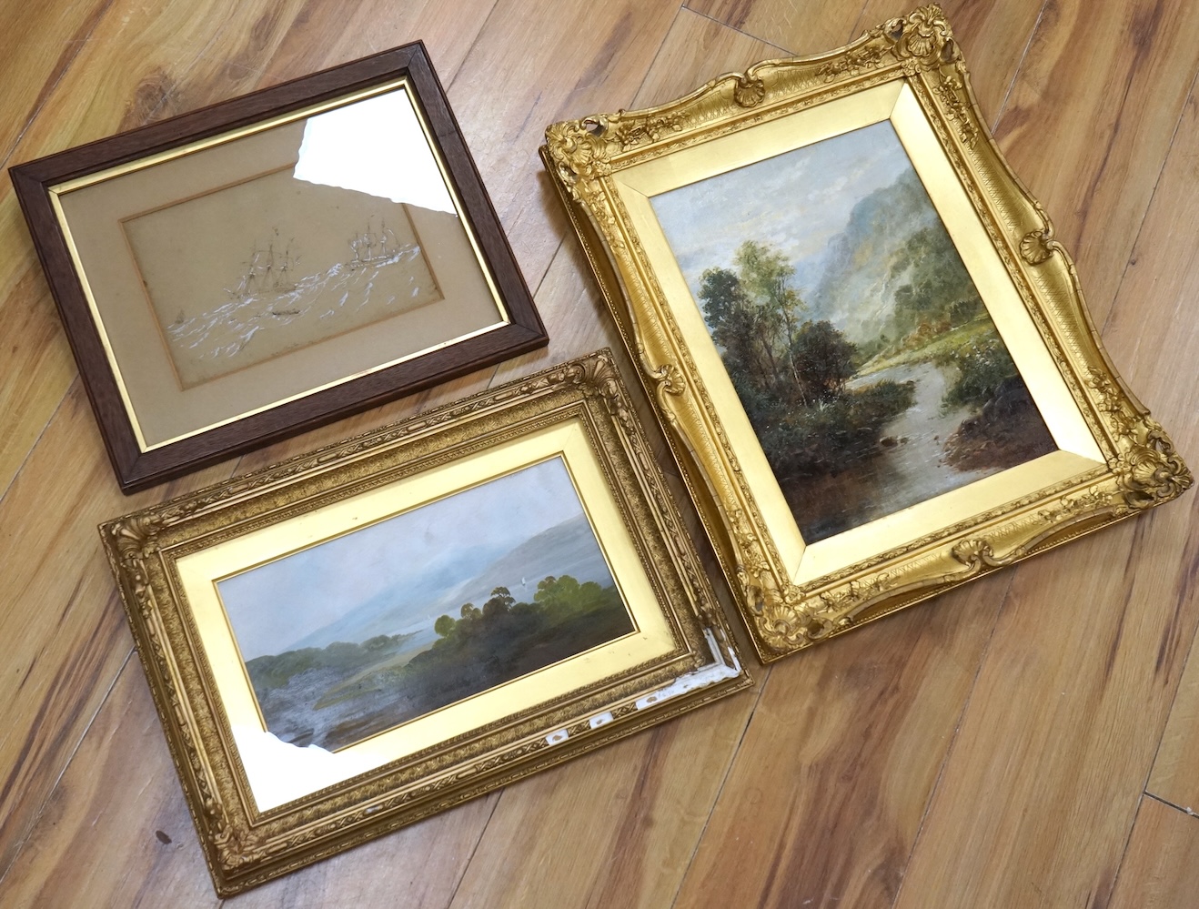 C. Leader, oil on canvas, riverscape, together with another oil and a heightened ink sketch of HMS Phaeton, frigate, largest 35 x 24cm